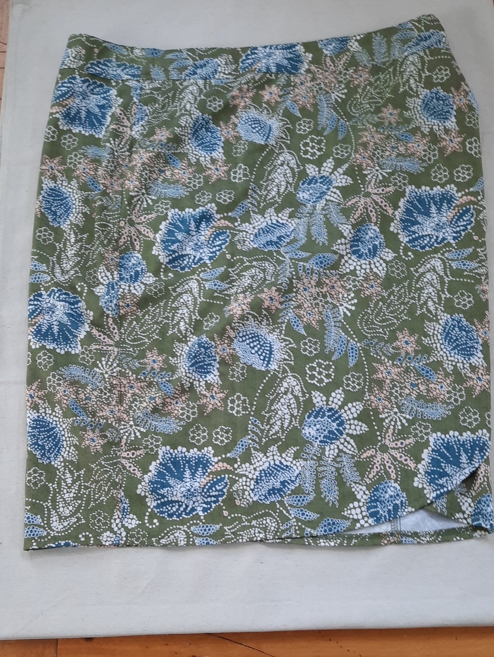 Rip Skirt Midi Length, With Pockets. Olive Green Floral With Blue, White, Peach